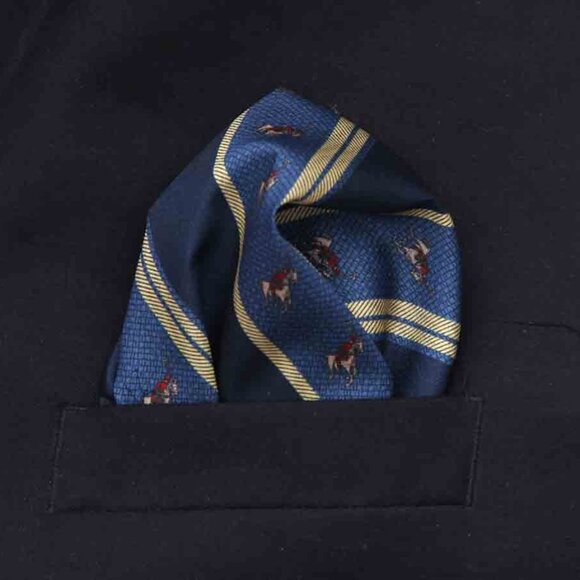 Gascoigne Pocket Square Repp Stripe + Polo Player Pattern Blue Gold Red Men's - Picture 1 of 4